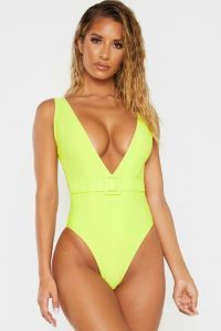 Swimwear trends 2020 PrettyLittleThing Light Lime Plunge Belted Swimsuit CREDIT PrettyLittleThing