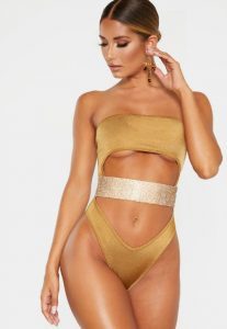 Swimwear trends 2020 PrettyLittleThing Mocha Strapless Gold Diamante Waist Swimsuit CREDIT PrettyLittleThing